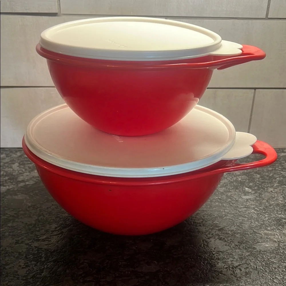Vintage Tupperware THATS A BOWL 12 cup and 6 cup Red Mixing Bowl Set with Lids